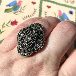 Vintage Art Deco sterling silver & marcasite statement cocktail ring sz 7-7.25.